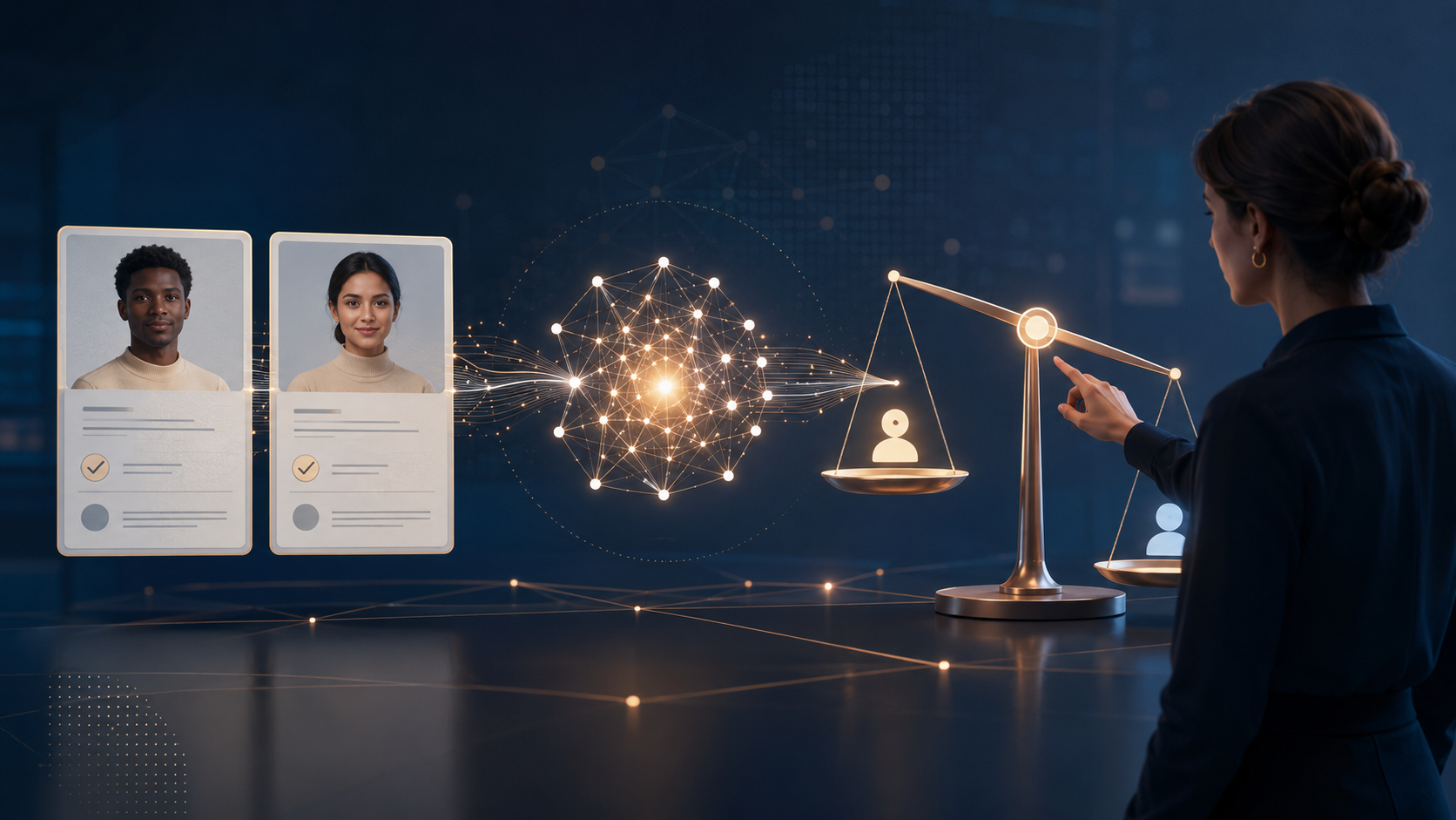 Deux candidatures comparables sont analysées par une intelligence artificielle qui produit un résultat déséquilibré, sous la surveillance d’une personne chargée du contrôle humain.