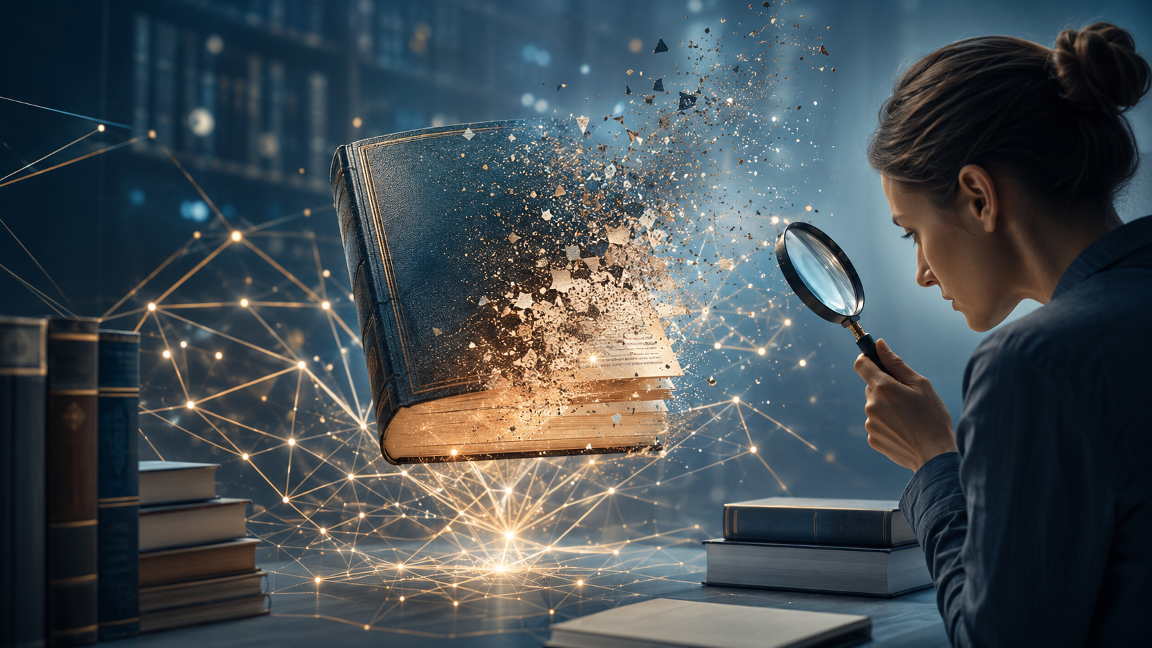 Dans une bibliothèque numérique, un ouvrage apparemment authentique est généré par un réseau neuronal lumineux. Une partie du livre se désagrège progressivement tandis qu’une personne l’examine à la loupe, illustrant la nécessité de vérifier les informations produites par l’intelligence artificielle.