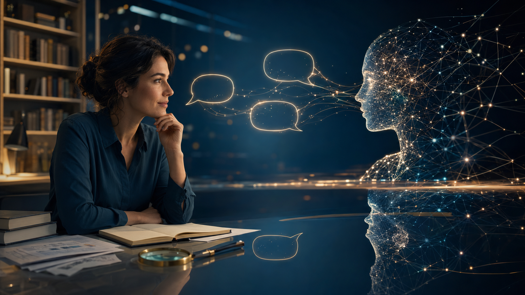 Dans une bibliothèque contemporaine, une femme échange avec une présence d’intelligence artificielle formée de connexions lumineuses. Des bulles de dialogue relient les deux interlocuteurs, tandis qu’un carnet, des documents et une loupe symbolisent le recul critique nécessaire.
