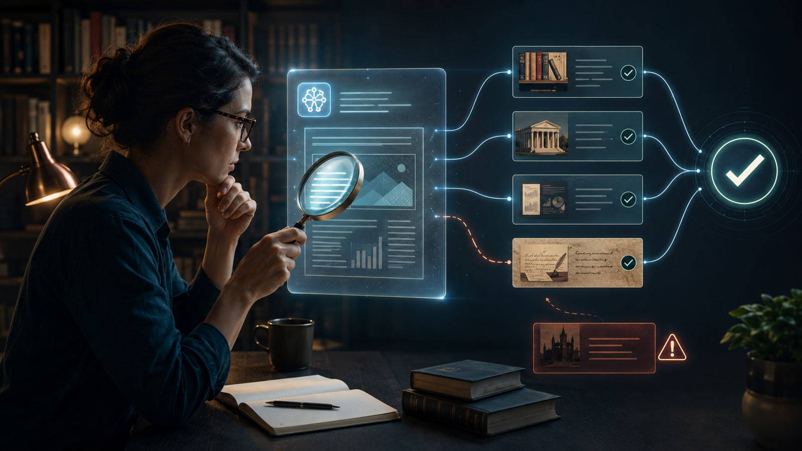 Dans une bibliothèque contemporaine, une femme examine à la loupe une réponse produite par une intelligence artificielle. Plusieurs documents indépendants sont comparés, certains validés par une coche tandis qu’une source douteuse est signalée.